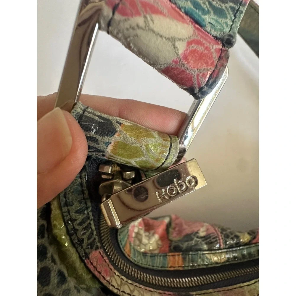 Y2K Hobo International Snakeskin Embossed Floral Leather Shoulder Bag Multi